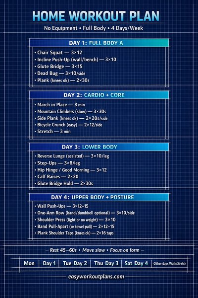 Home Workout Plan 4-Day No-Equipment Full-Body Routine