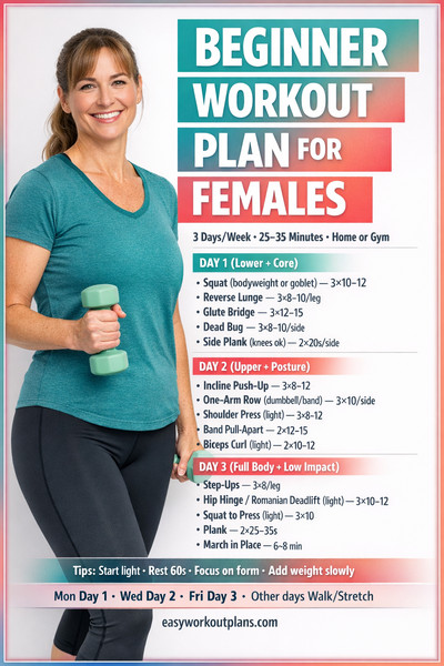 Beginner Workout Plan for Women 3 Days a Week at Home or Gym