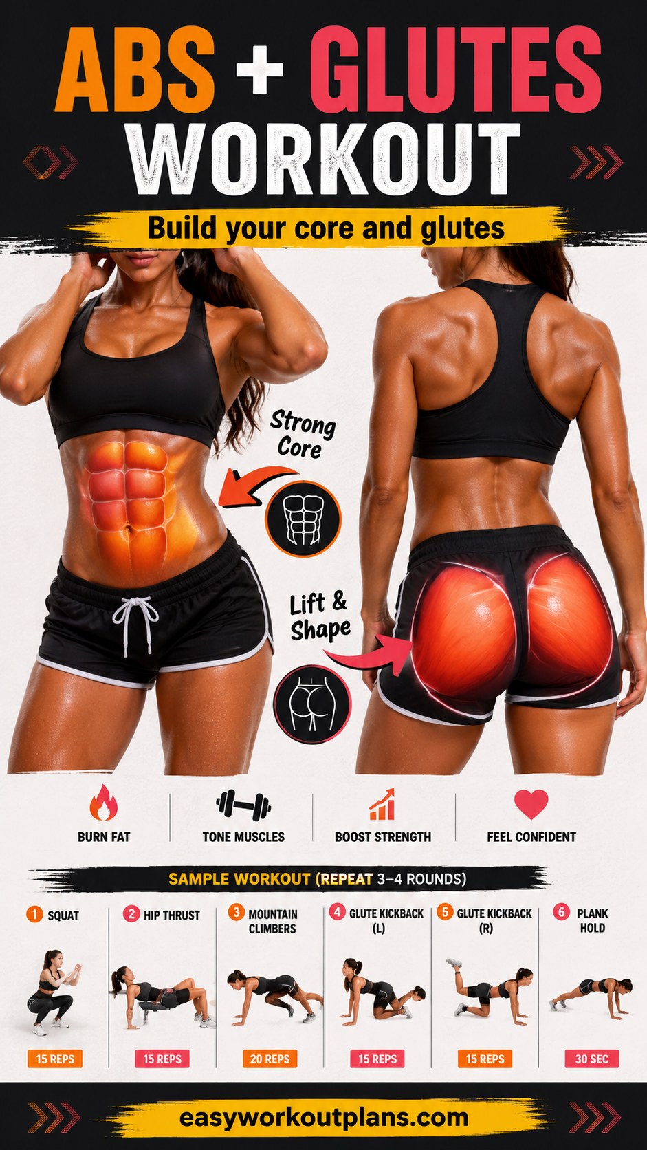 Sample abs and glutes workout circuit graphic showing squats, hip thrusts, and glute kickbacks