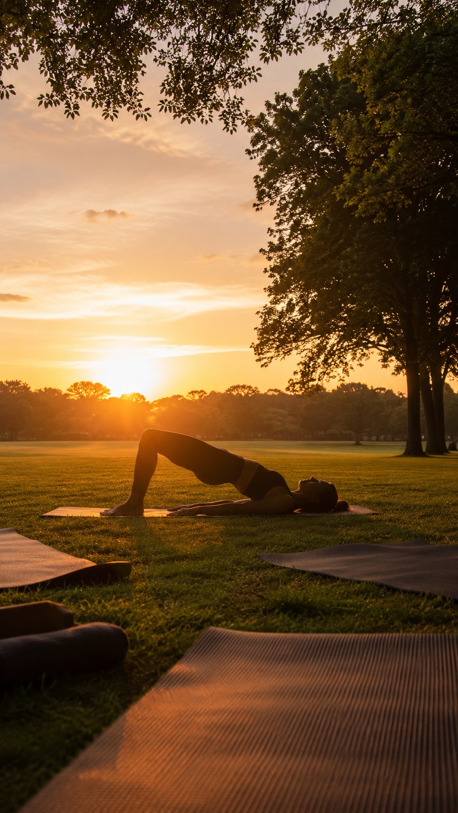 Silhouette of a woman performing an outdoor sunset glute bridge, a classic move for an abs and glutes workout
