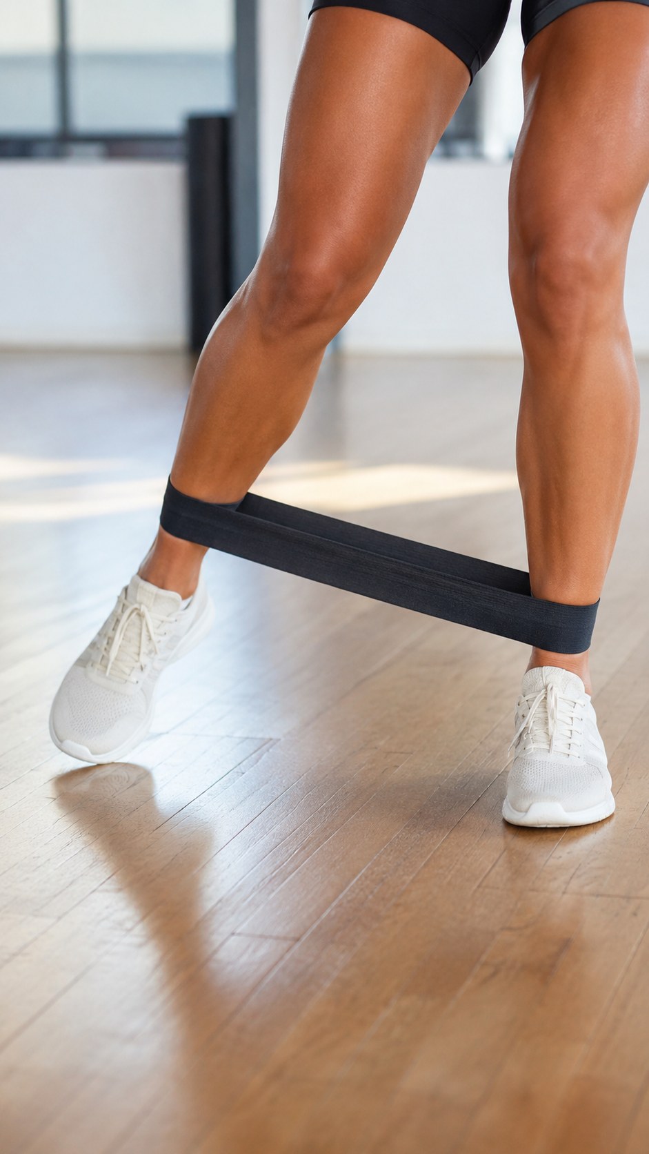 Close-up of legs with a resistance band above the ankles performing a lateral band walk for glute activation