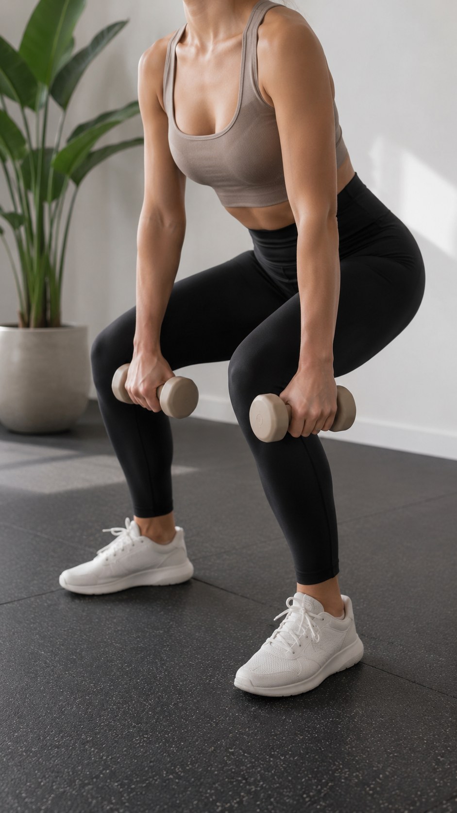 Woman performing a goblet squat with dumbbells, a compound finisher move for an abs and glutes workout