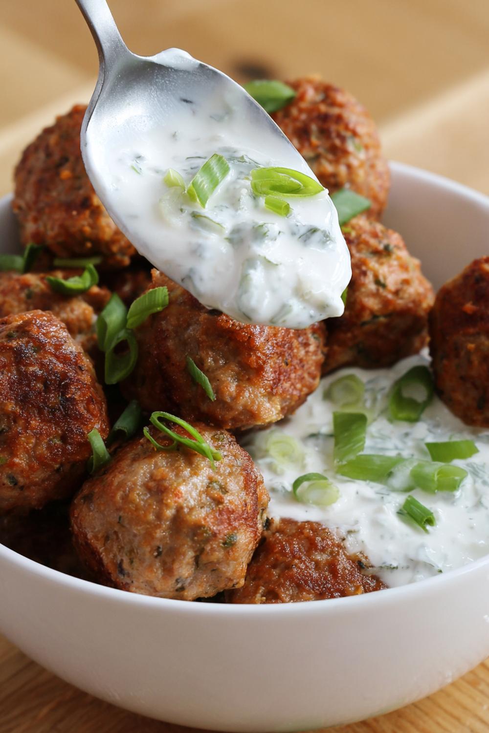 10. Air Fryer Turkey Meatball Snack with Garlic-Oregano Aroma and Tzatziki Spoon