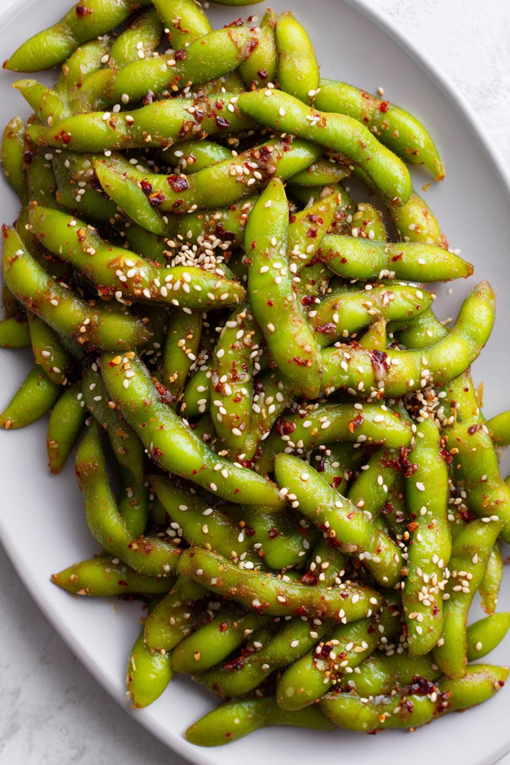 13. Air Fryer Edamame Snack Pods with Chili-Garlic Gloss and Toasted Sesame Finish