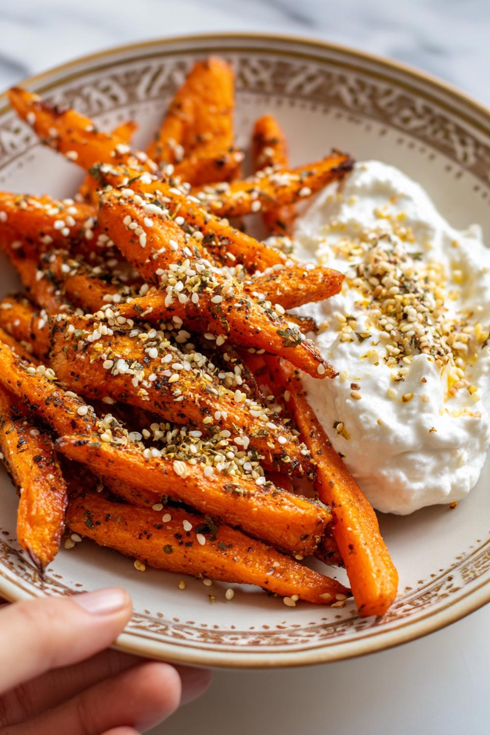 14. Air Fryer Carrot Fry Snack with Za’atar Sprinkle and Whipped Feta Cloud