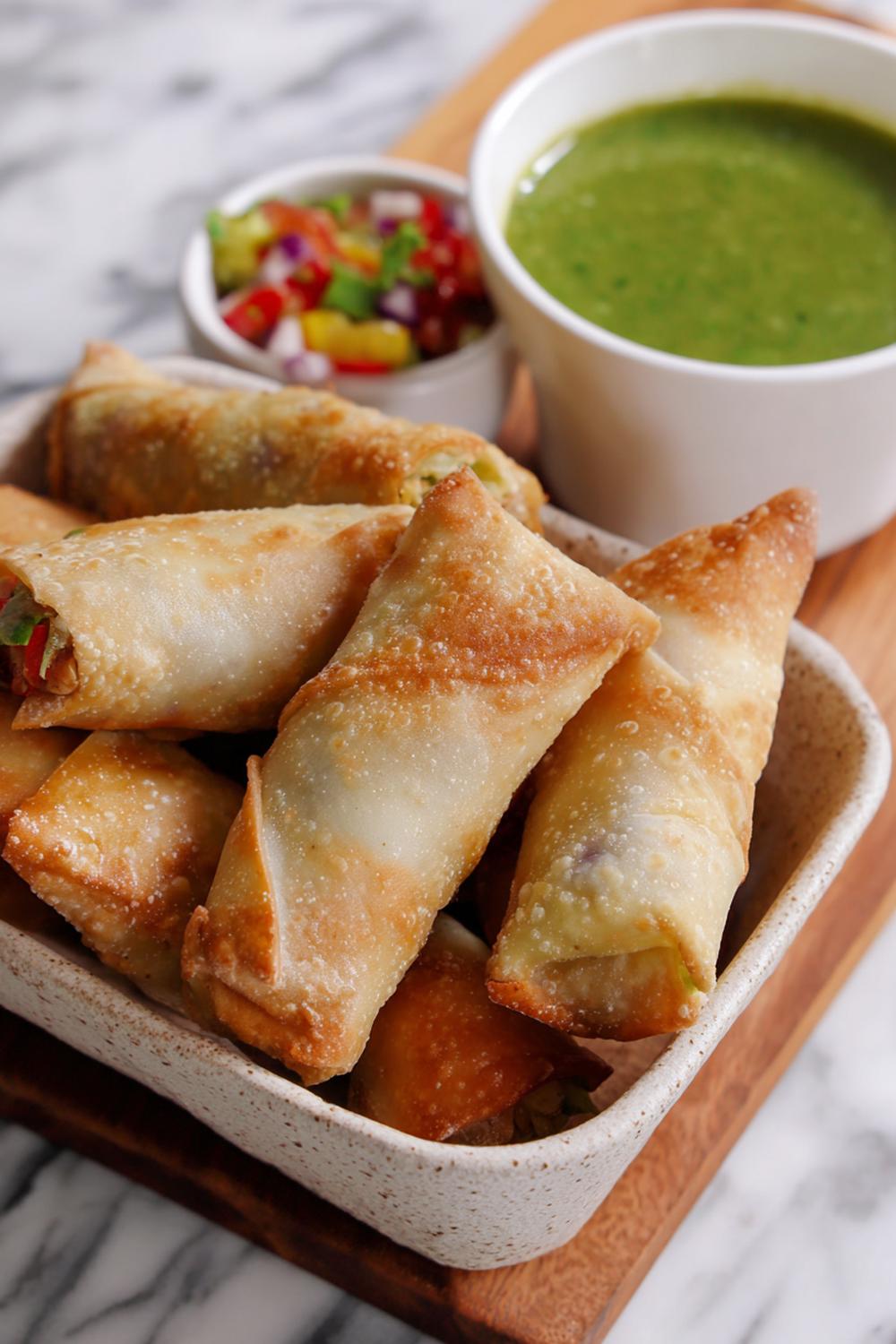 16. Air Fryer Avocado Egg Roll Snack with Whole-Grain Wrapper and Salsa Verde Cup