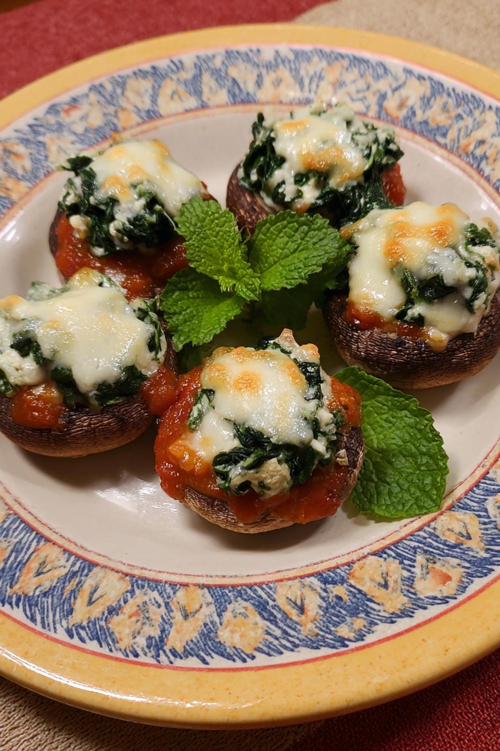 18. Air Fryer Stuffed Mushroom Snack Caps with Spinach Filling and Bubbled Mozzarella Tops