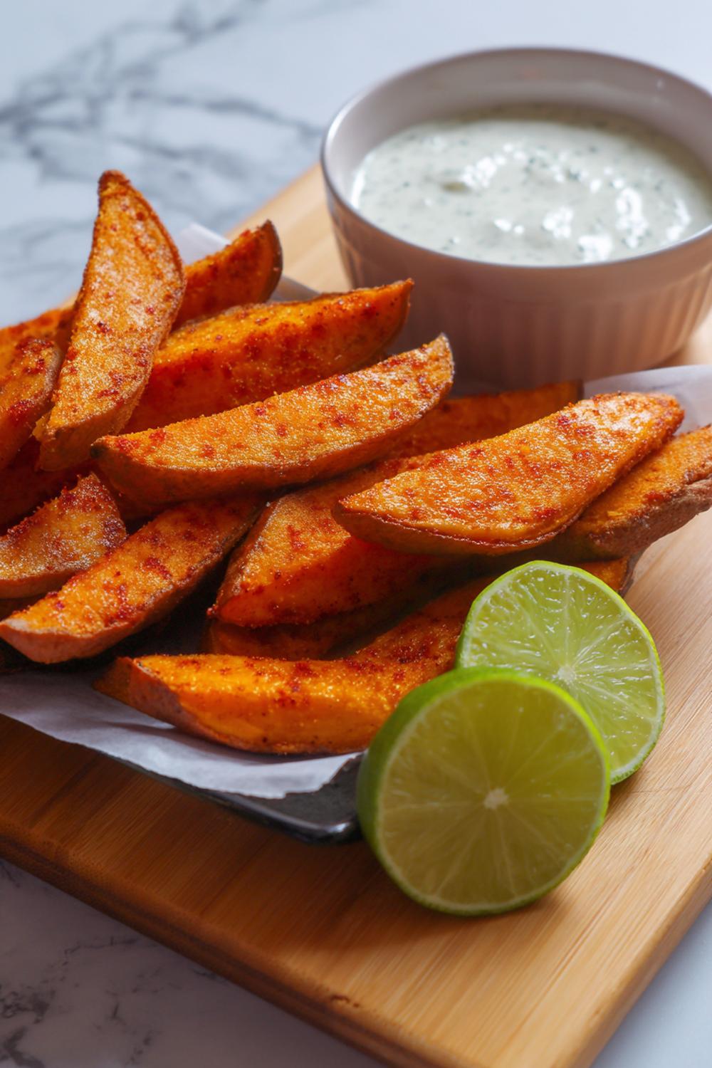 3. Air Fryer Sweet Potato Wedge Snack with Cinnamon-Chili Edge and Lime Dip