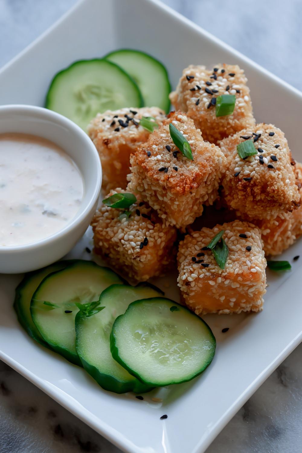 5. Air Fryer Salmon Bite Snack Cubes with Sesame Crust and Cucumber Coins