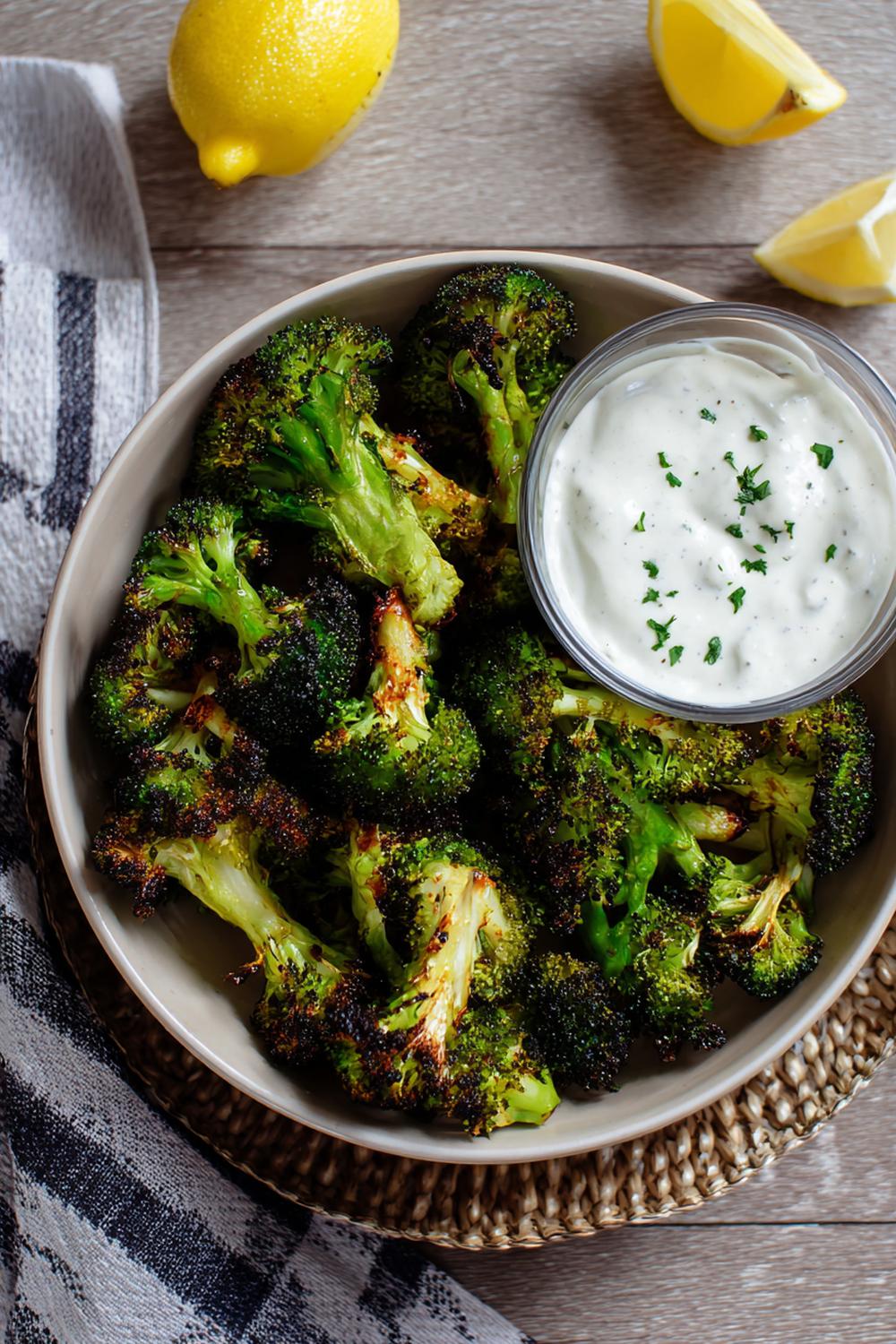 9. Air Fryer Broccoli Floret Snack with Charred Tips and Tahini-Lemon Dip