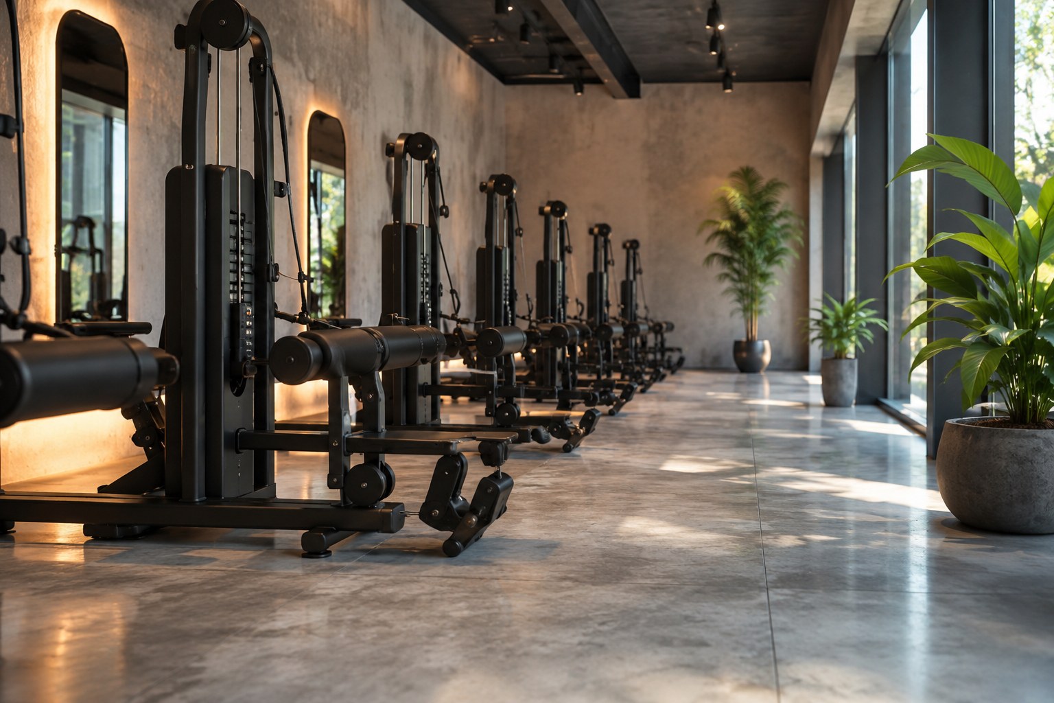 Row of commercial cable glute kickback machines lined up on a gym studio floor