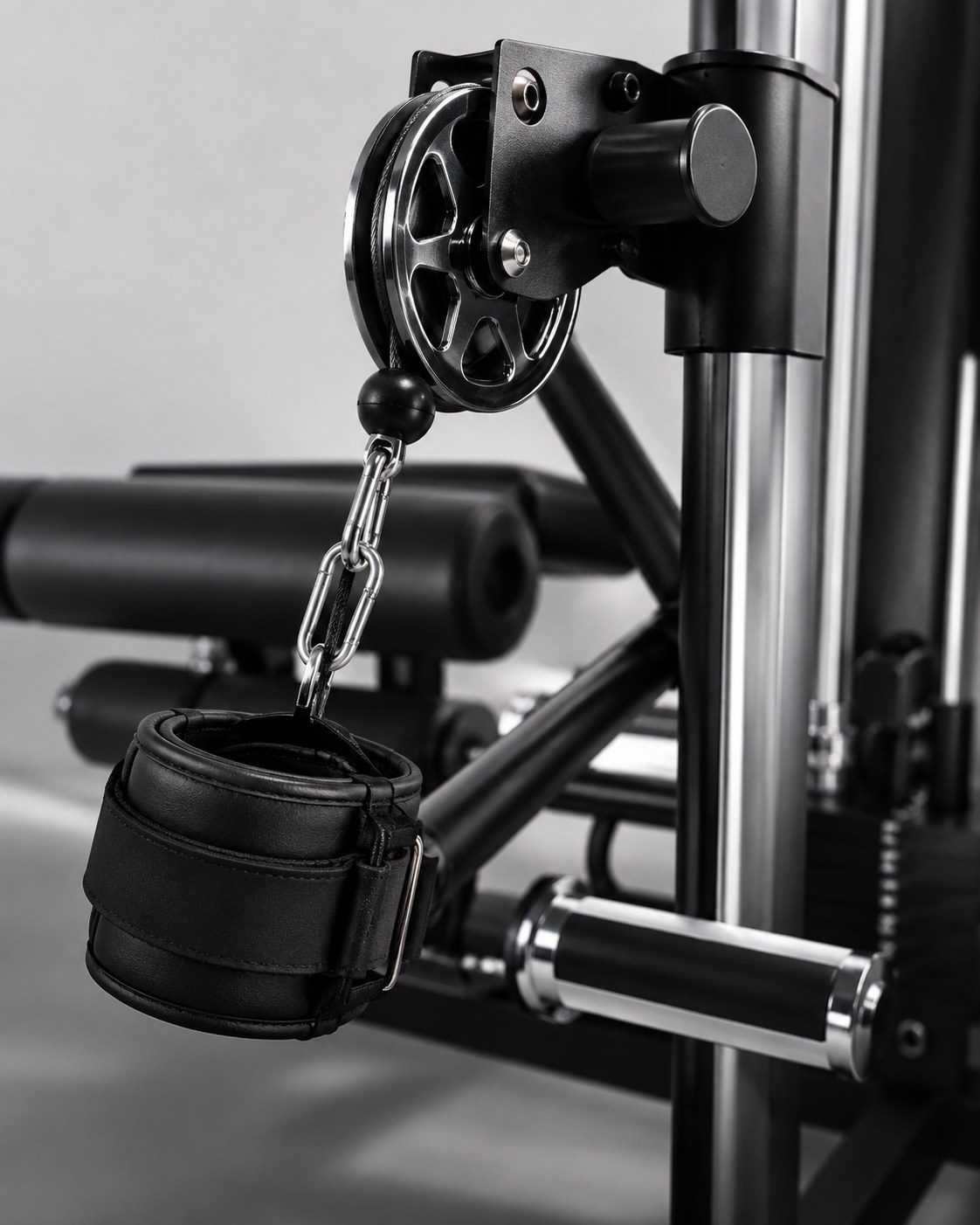 Close-up of the padded ankle cuff attachment used on a cable glute kickback machine