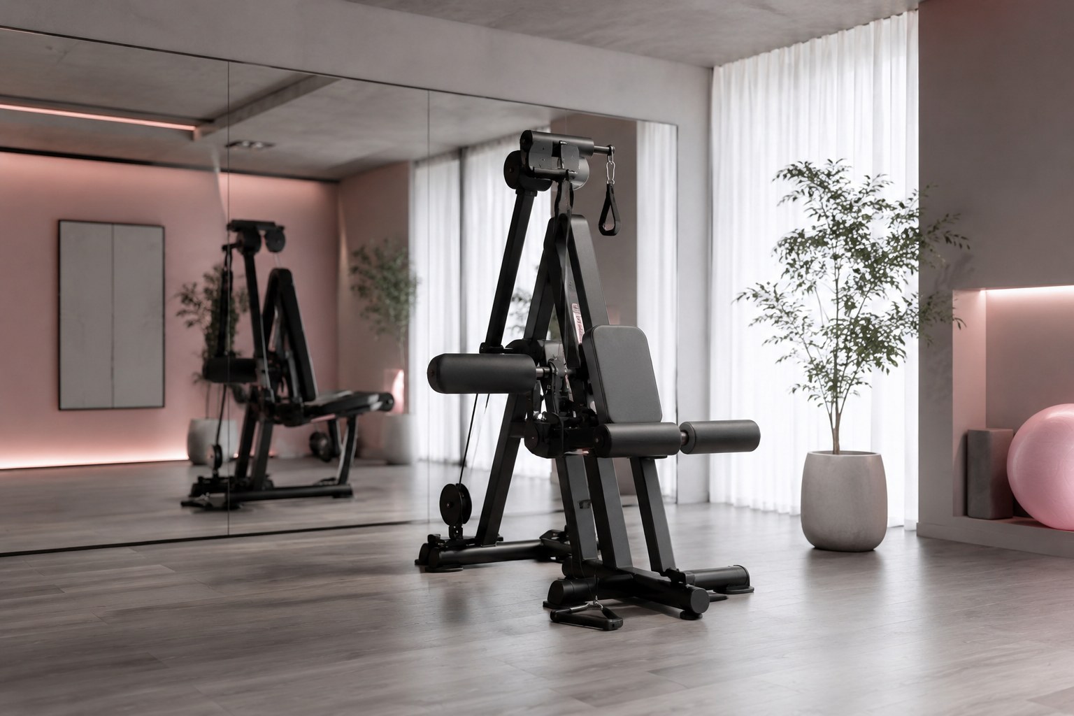 Small footprint cable glute kickback machine positioned in a mirrored home studio space