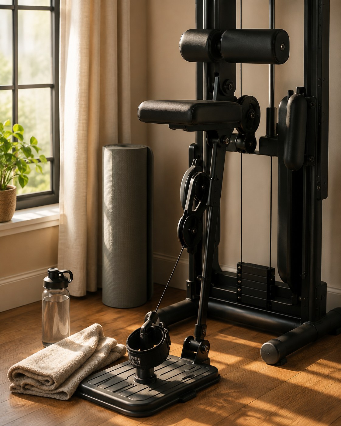 Compact cable glute kickback machine set up in a small home gym corner near a window