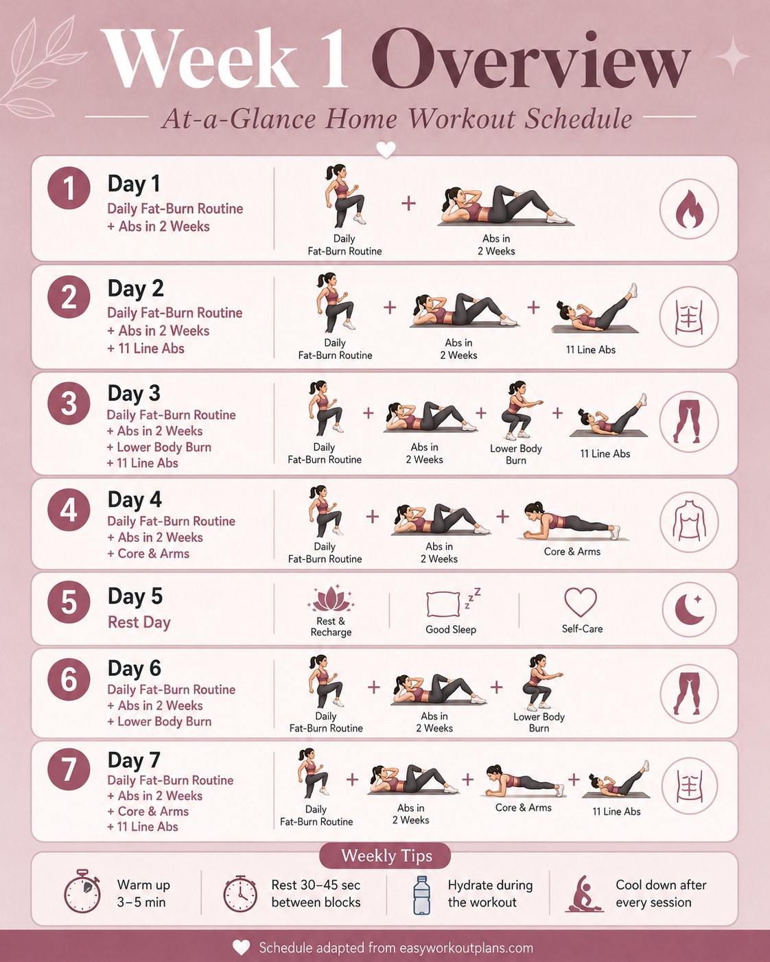 Chloe Ting Week 1 schedule overview showing all seven days and the printed rest day at a glance