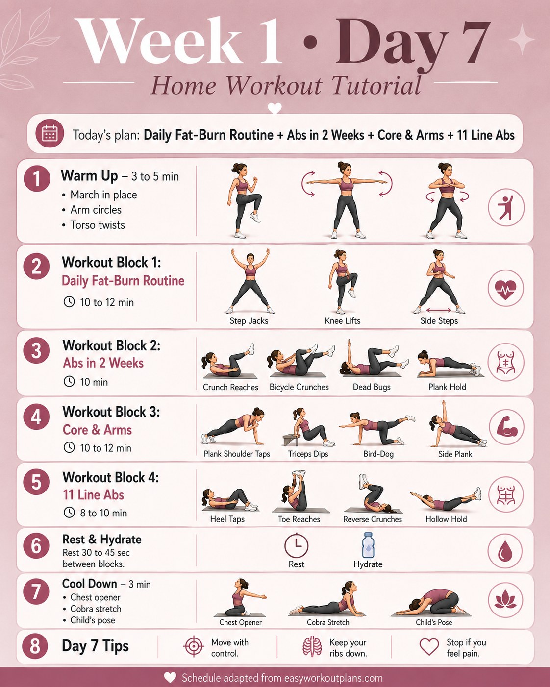 Chloe Ting Week 1 Day 7 schedule combining fat-burn, abs, core and arms, and 11 Line Abs work