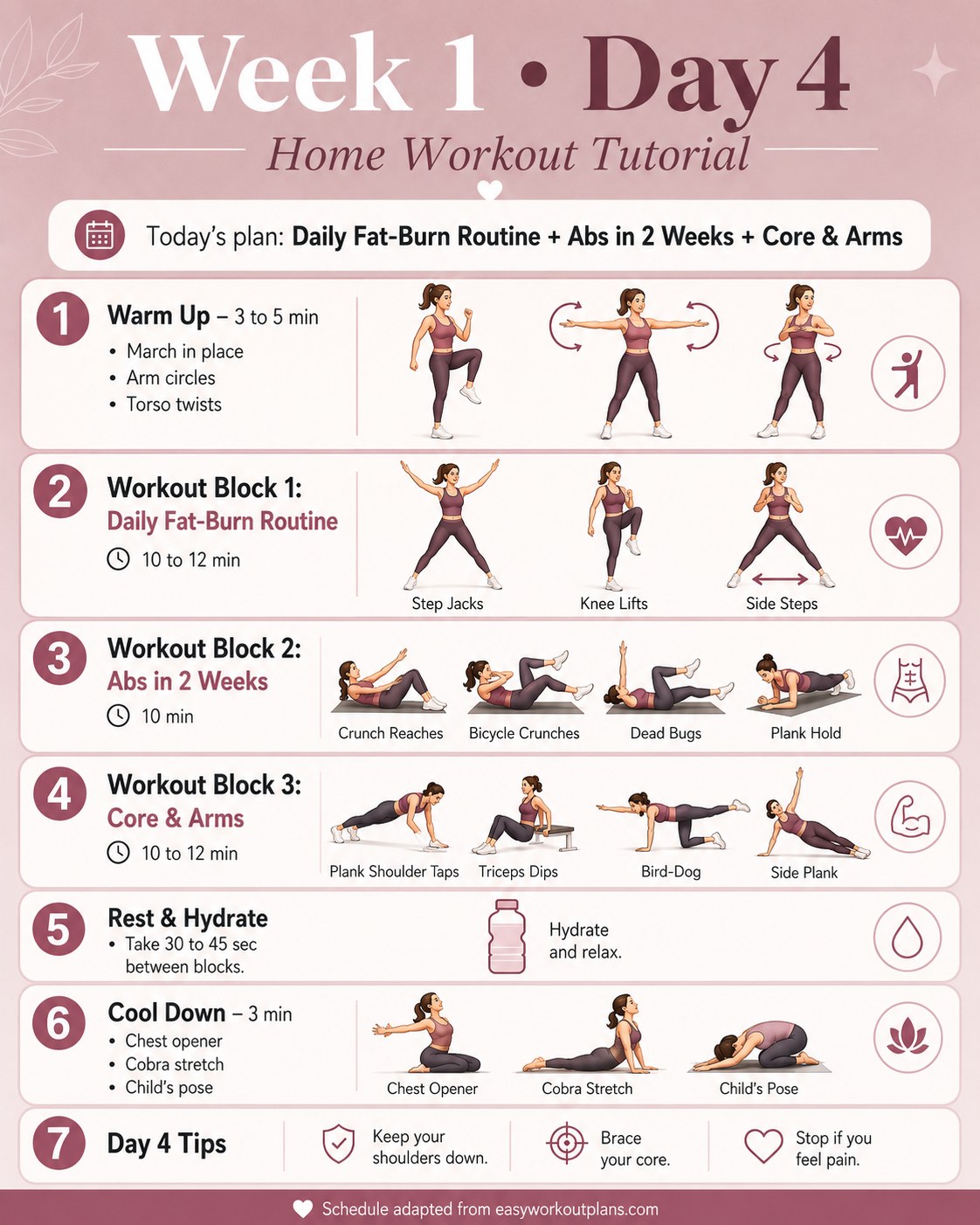 Chloe Ting Week 1 Day 4 schedule adding a core and arms block to the daily fat-burn routine