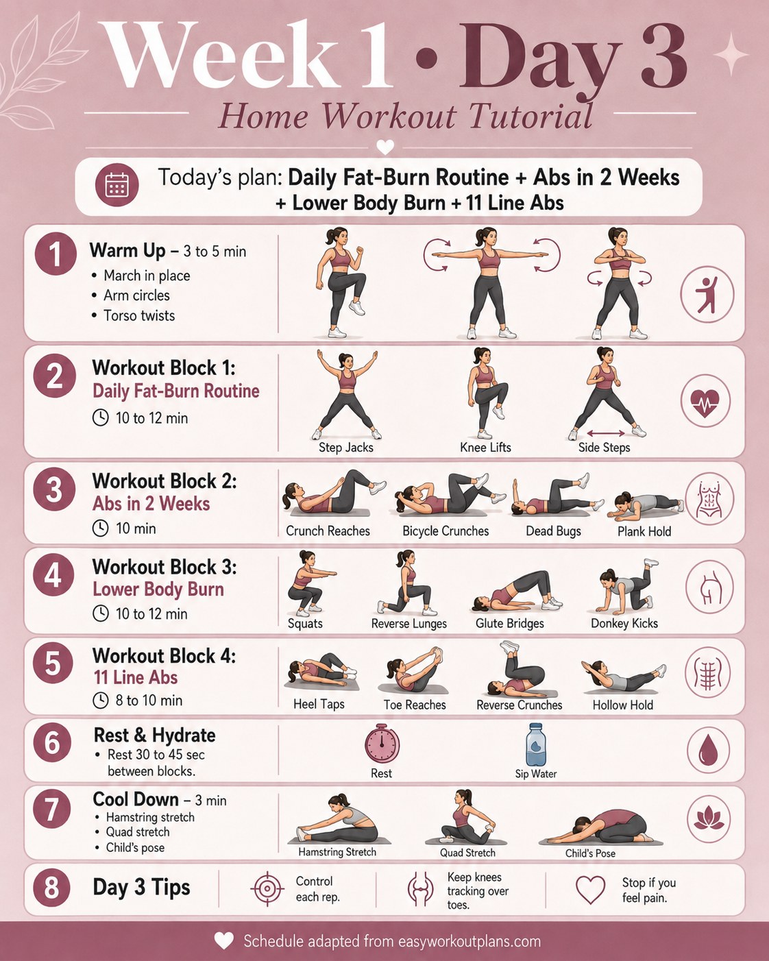 Chloe Ting Week 1 Day 3 schedule stacking fat-burn, abs, lower body, and 11 Line Abs blocks