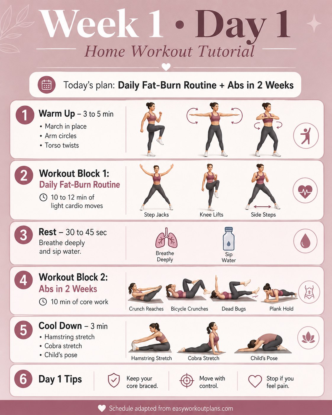 Chloe Ting Week 1 Day 1 schedule with warm-up, fat-burn cardio, and core exercises for beginners