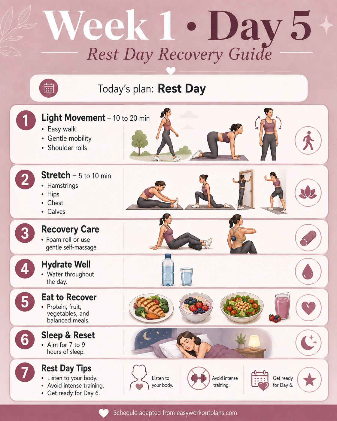 Chloe Ting Week 1 Day 5 rest day guide covering light movement, stretching, and recovery care
