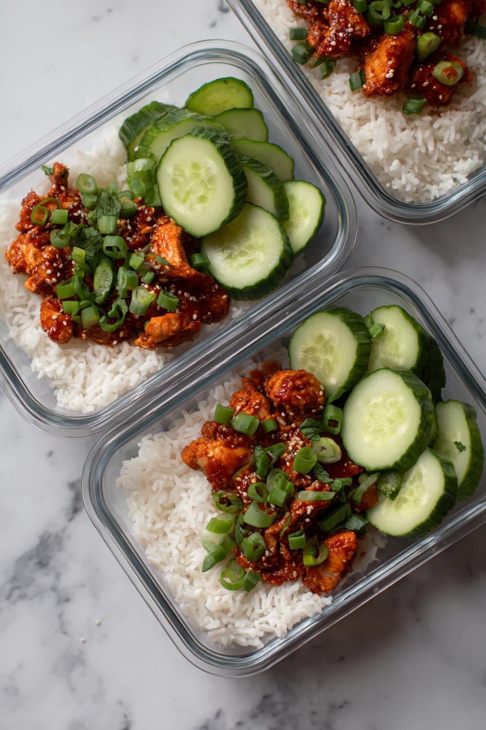 10. Gochujang Chicken Meal Prep with Cucumber Spears and Jasmine Rice