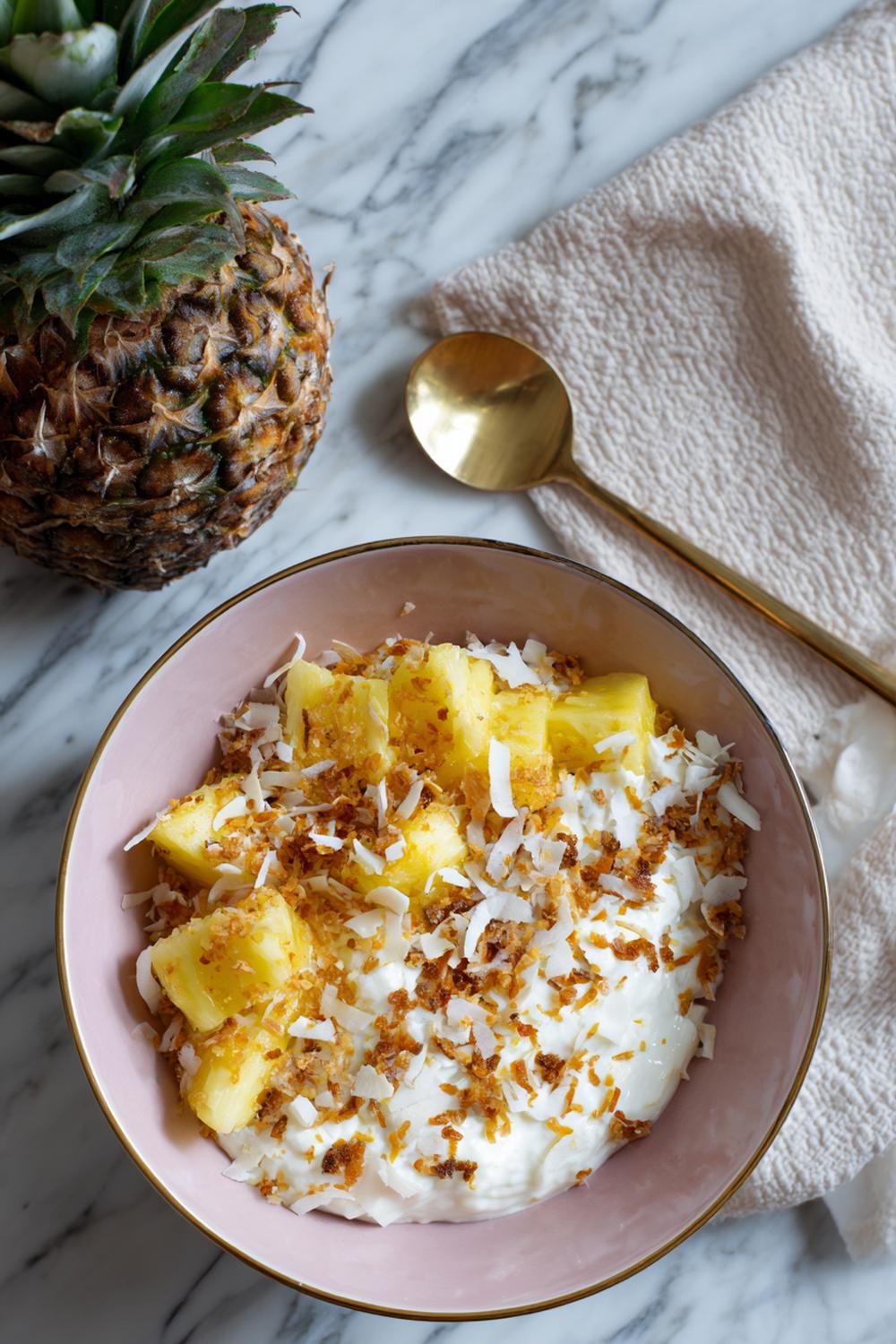 14. Cottage Cheese Meal Prep Protein Bowl with Pineapple and Toasted Coconut