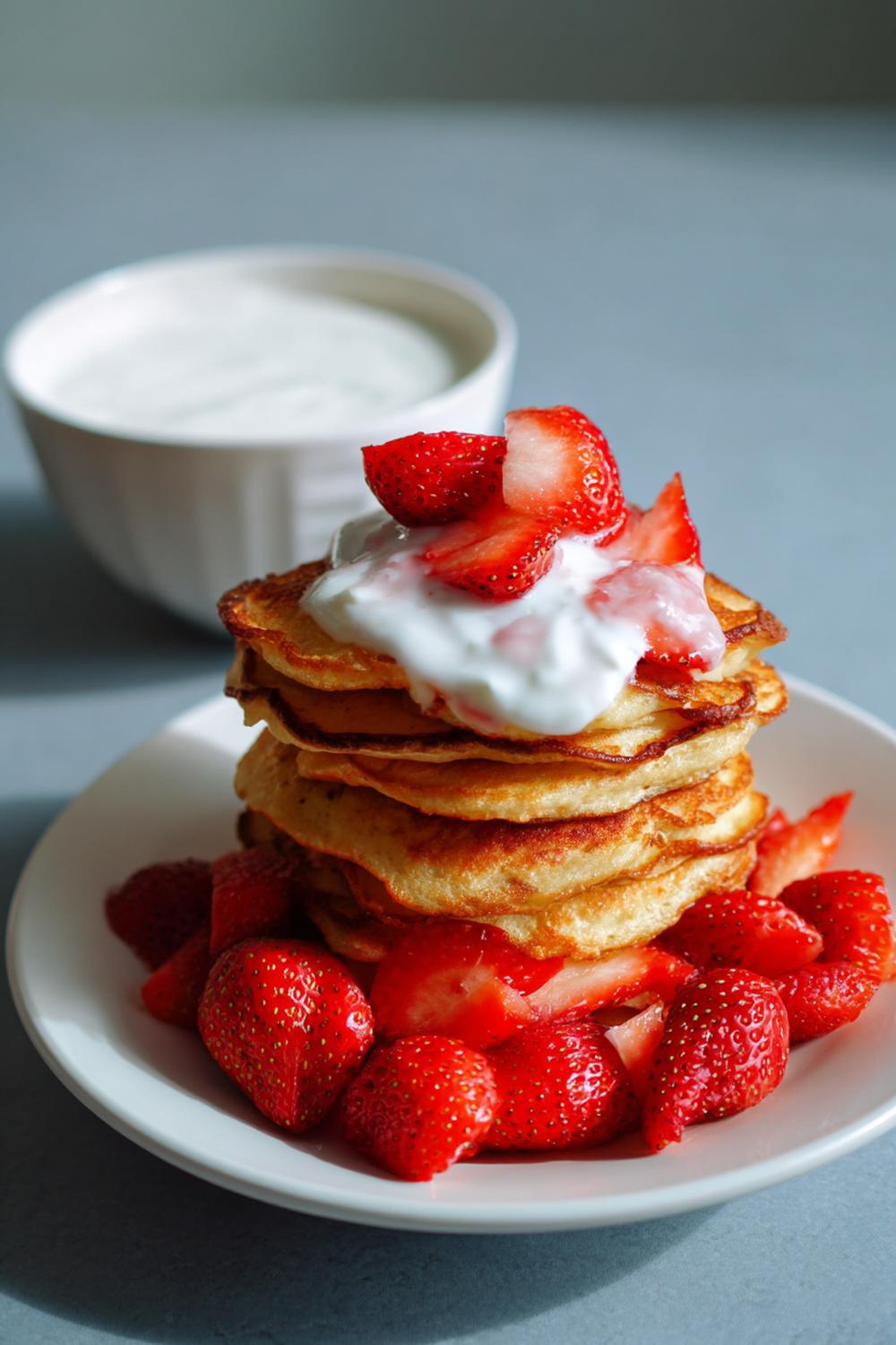 15. High-Protein Pancake Meal Prep Stack with Strawberries and Yogurt Dip
