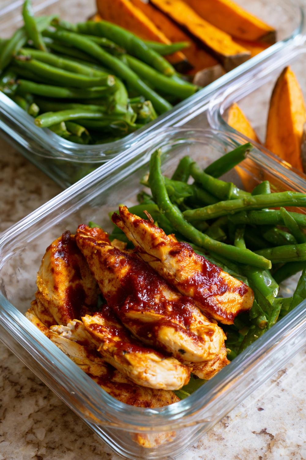 17. BBQ Chicken Meal Prep with Sweet Potato Wedges and Crunchy Green Beans