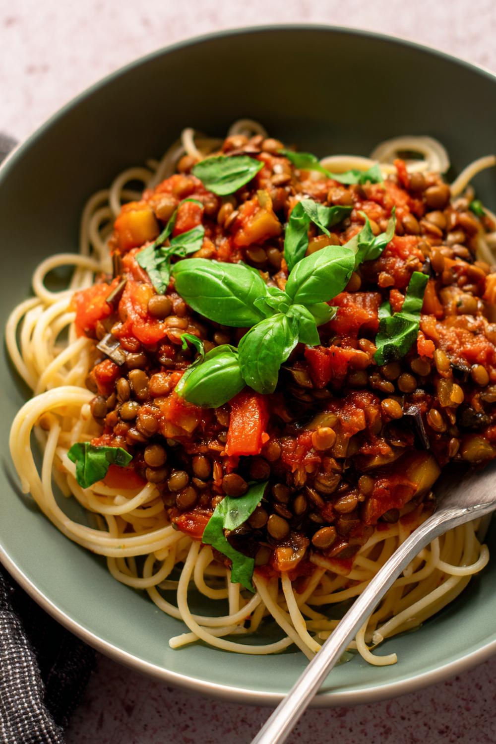 20. Lentil Meal Prep Bolognese with Roasted Eggplant and Basil