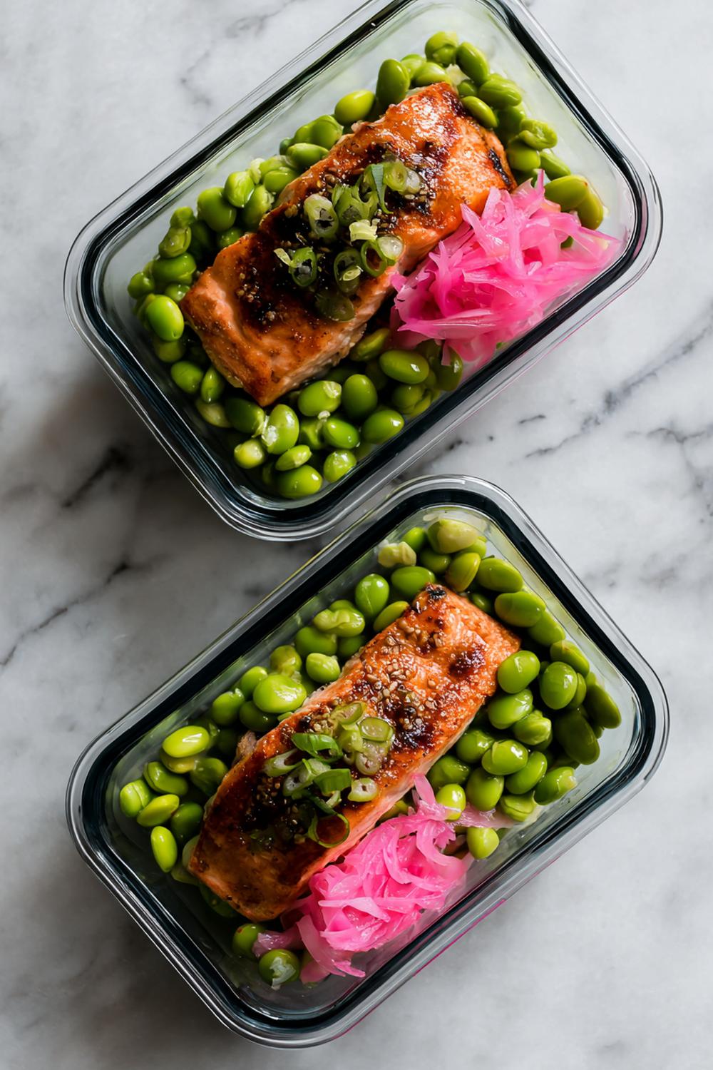 21. Sushi-Style Salmon Meal Prep with Edamame and Pickled Ginger