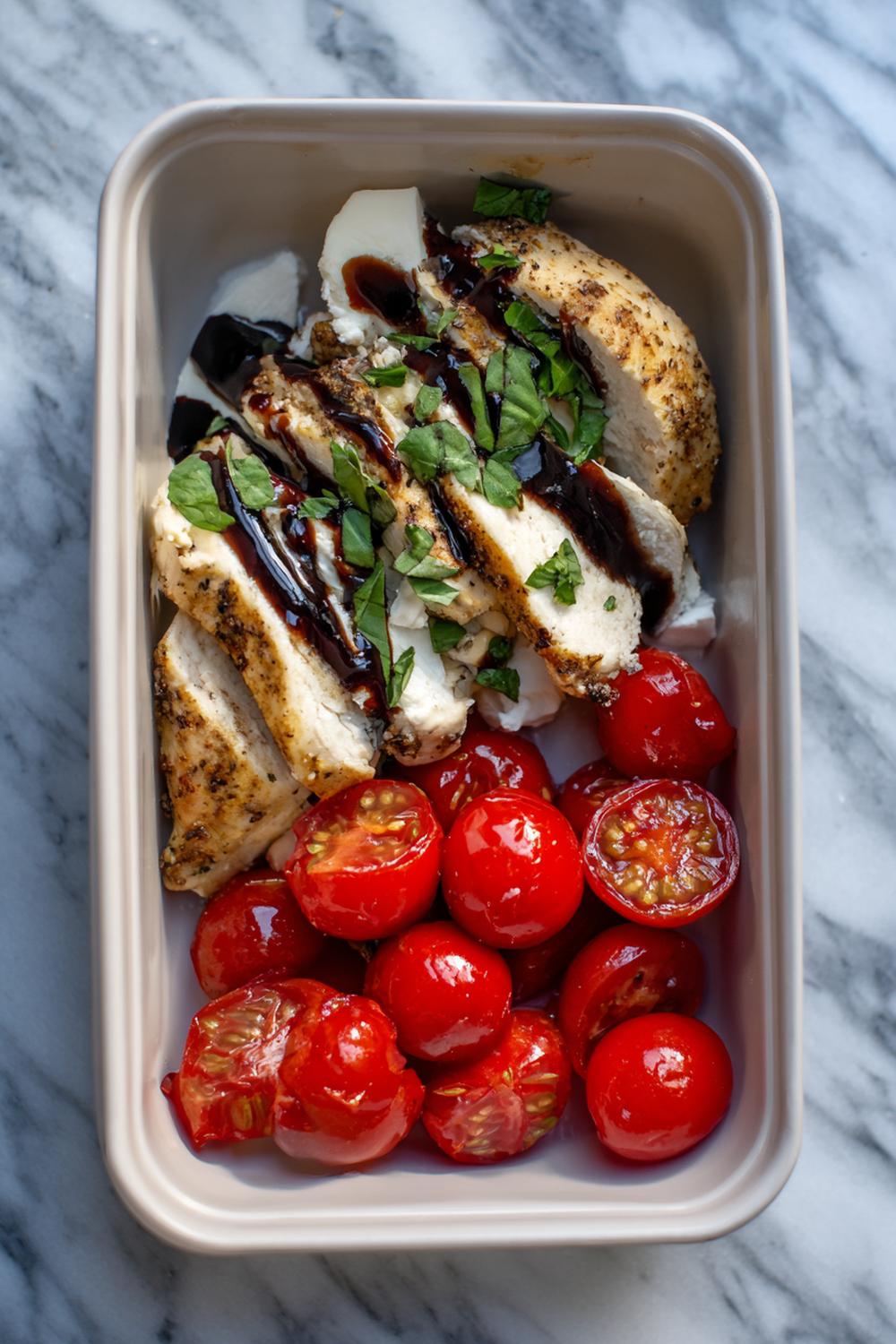 22. Caprese Chicken Meal Prep with Balsamic Drizzle and Roasted Tomatoes