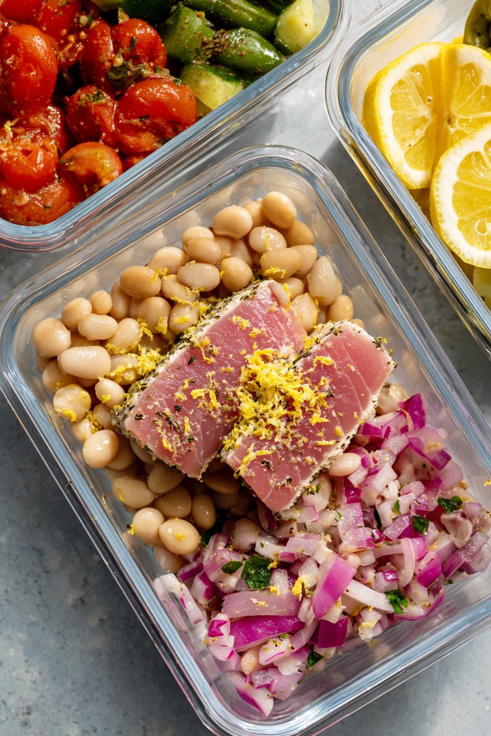 23. Mediterranean Tuna Meal Prep with White Bean Salad and Lemon Zest
