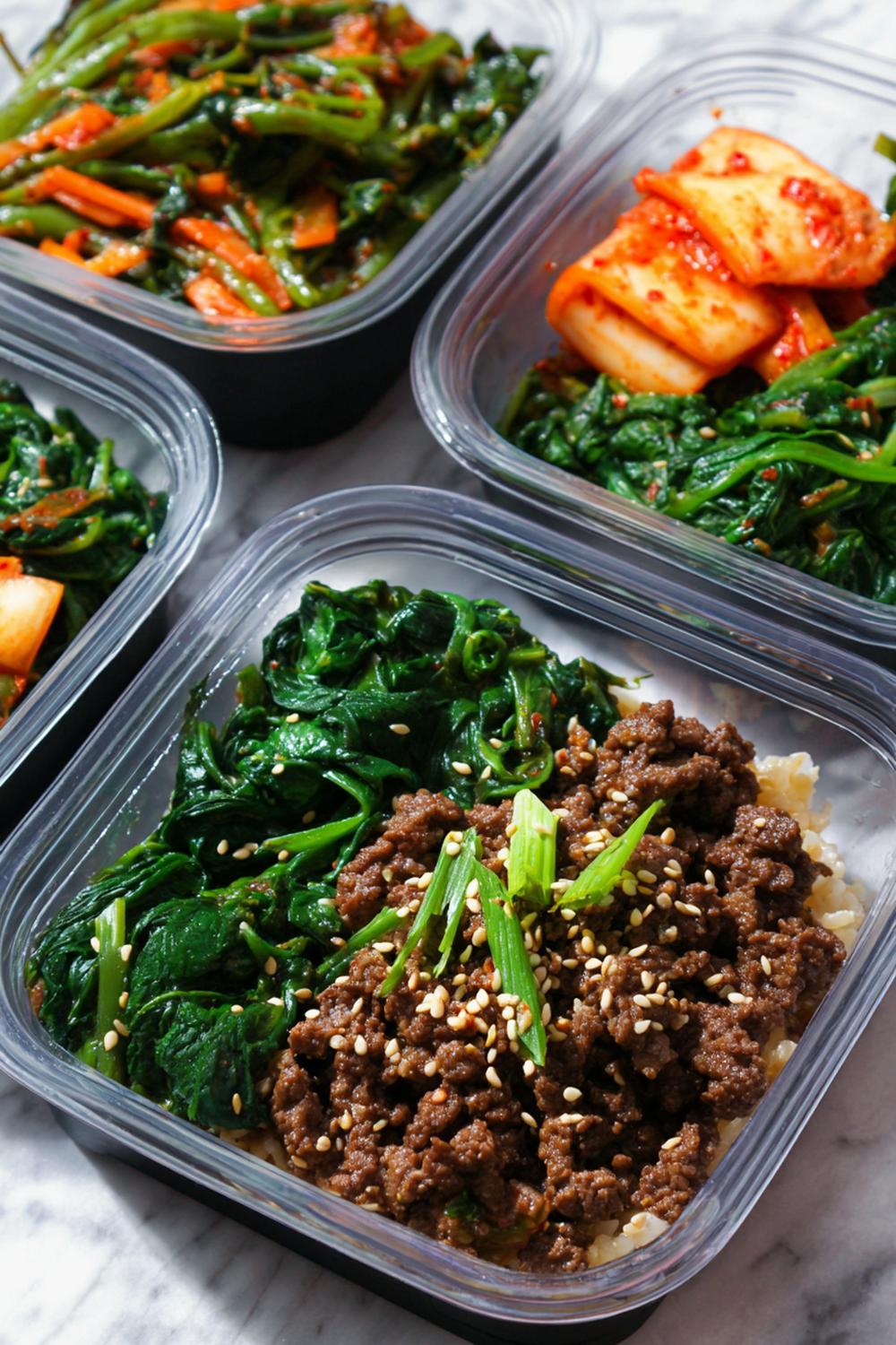 24. Korean Beef Meal Prep with Kimchi and Sesame Spinach