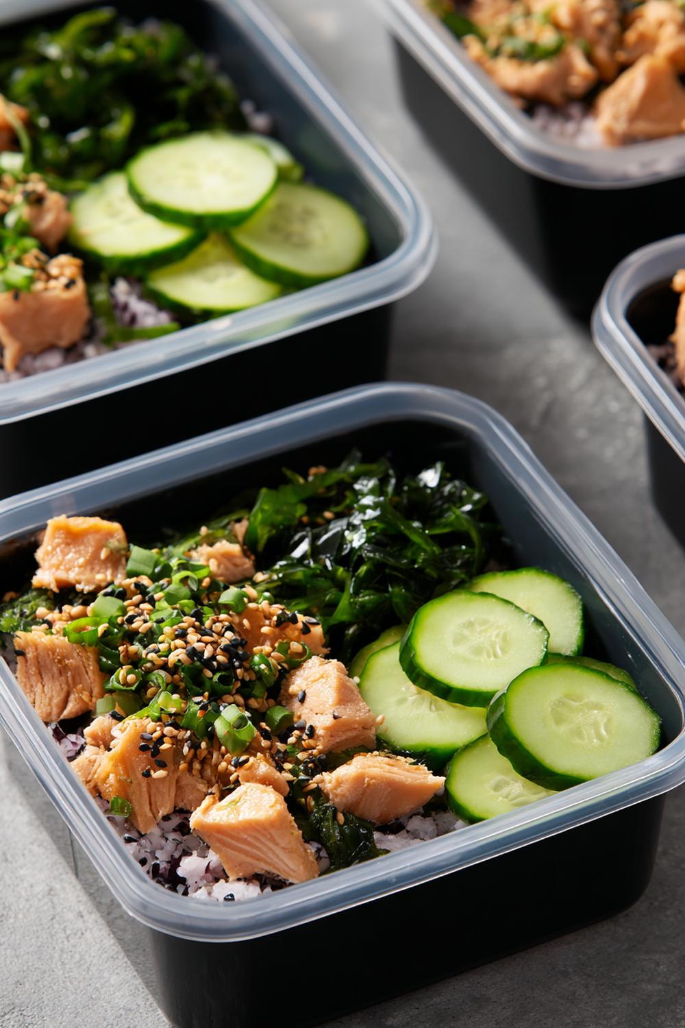 32. Poke-Style Tuna Meal Prep with Seaweed Salad and Sesame Cucumber