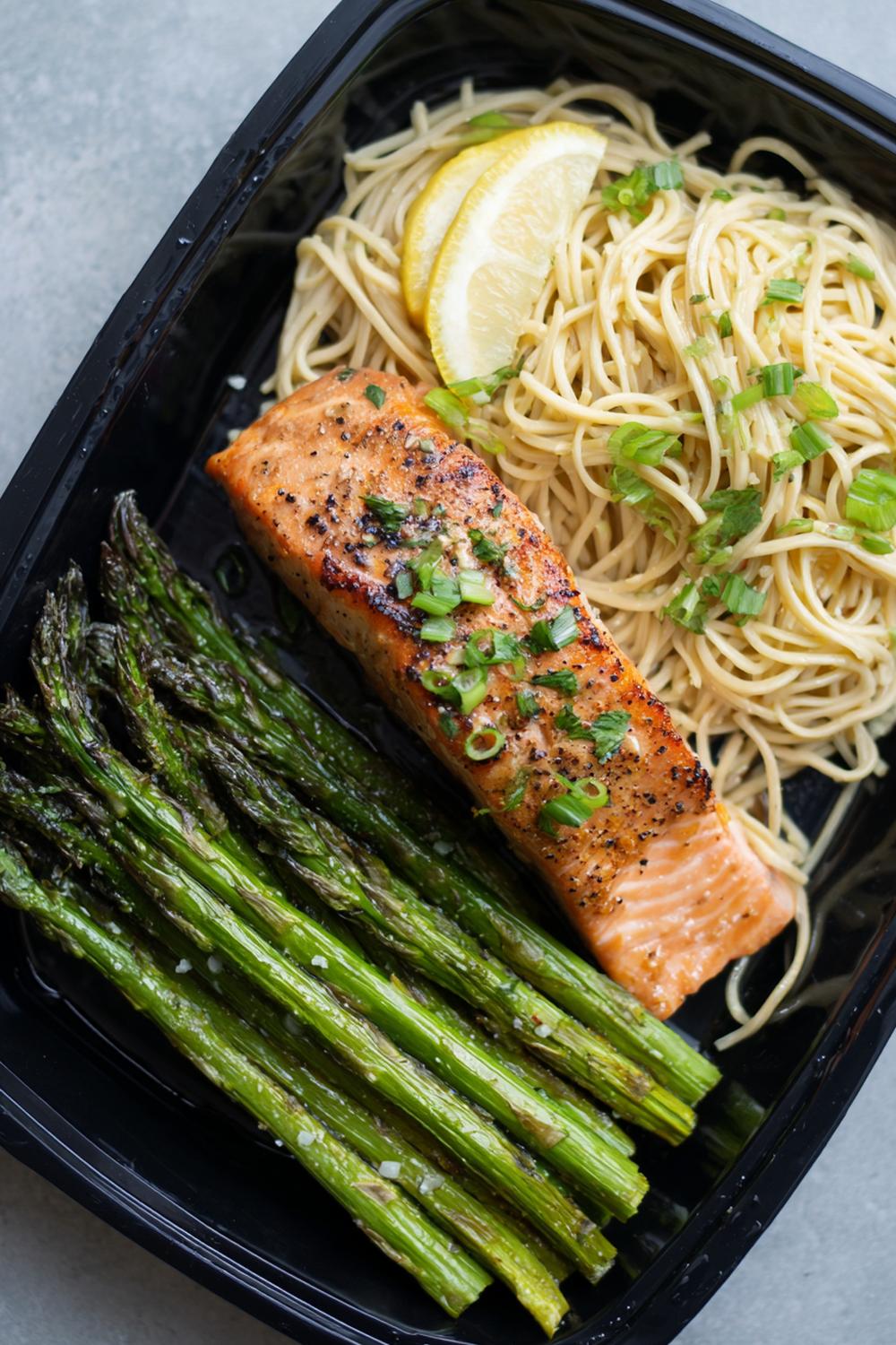 4. Garlic-Soy Salmon Meal Prep with Roasted Asparagus and Soba Noodles