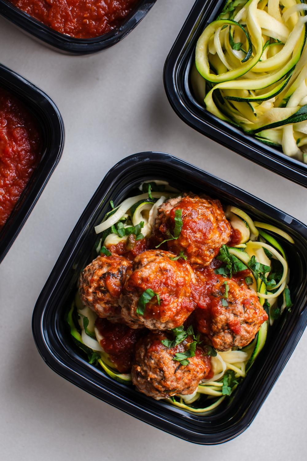 7. Balsamic Turkey Meatball Meal Prep with Zucchini Ribbons and Marinara