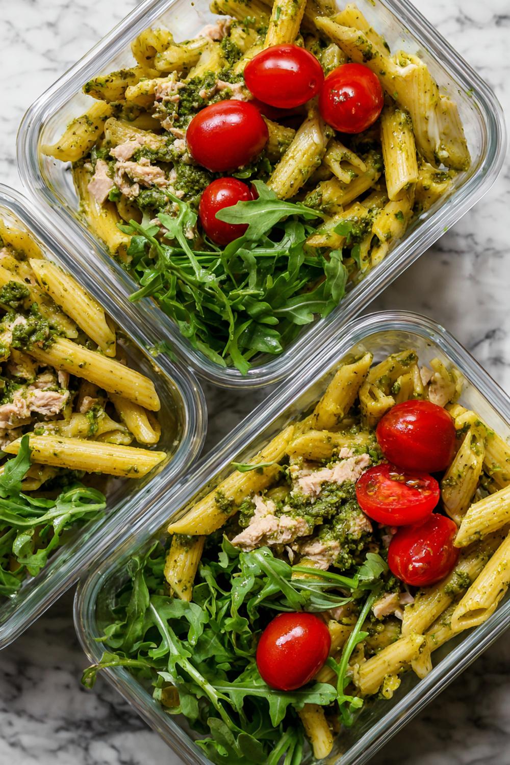 9. Pesto Tuna Meal Prep Pasta Salad with Cherry Tomatoes and Arugula