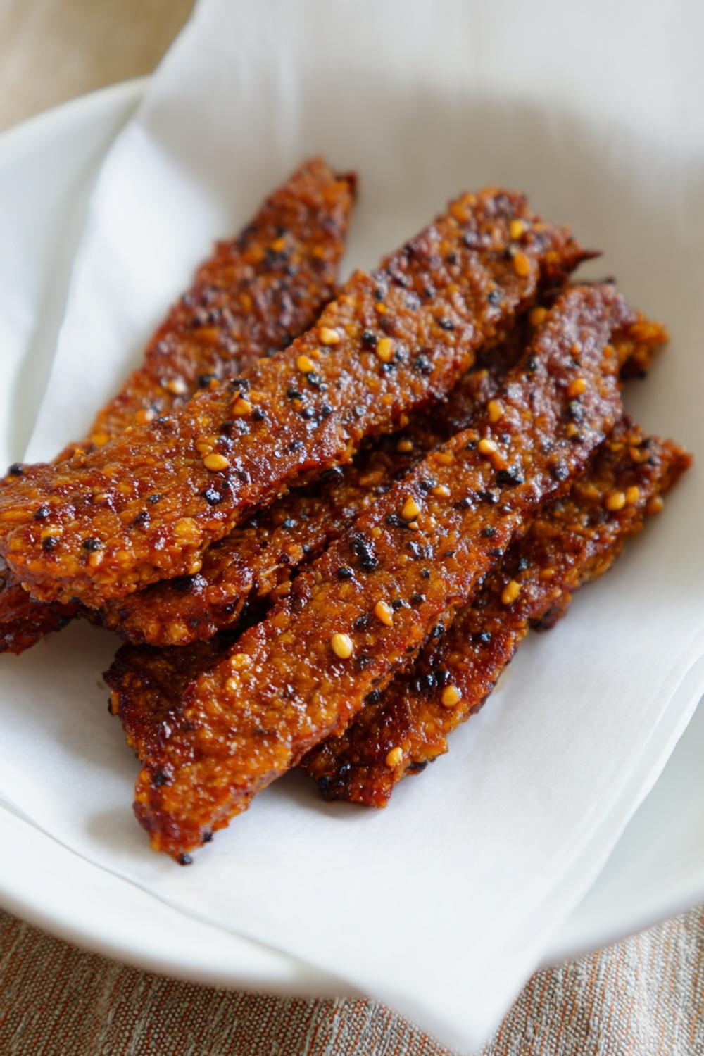 5. Spicy Tempeh Jerky Strips with Maple-Black Pepper Glaze Dairy Free Protein Snacks 2026
