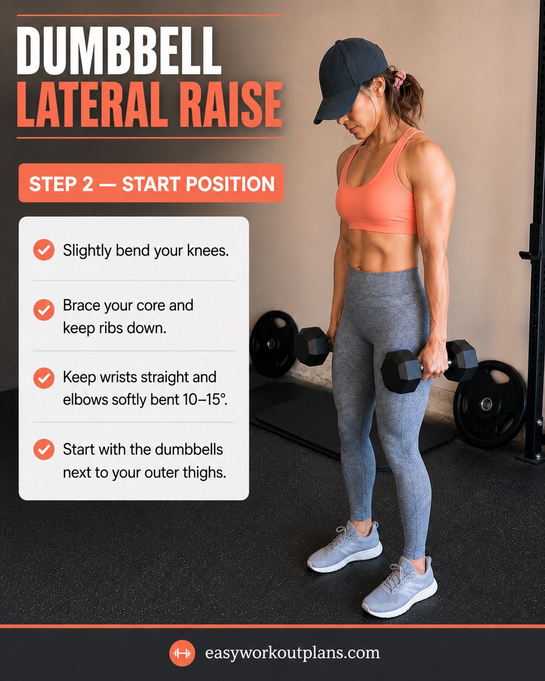 Start position for the dumbbell arm workout lateral raise with soft elbows and braced core