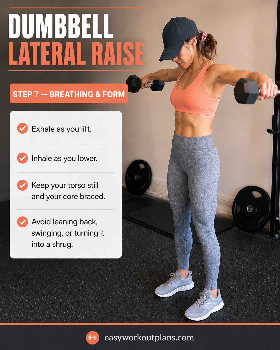 Breathing cue and torso control shown mid-rep in this dumbbell arm workout tutorial