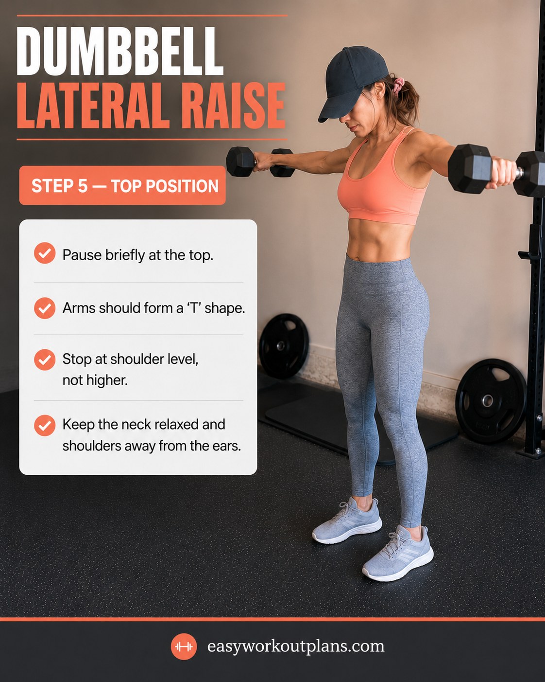 Top position of the dumbbell arm workout raise with arms forming a T shape at shoulder level