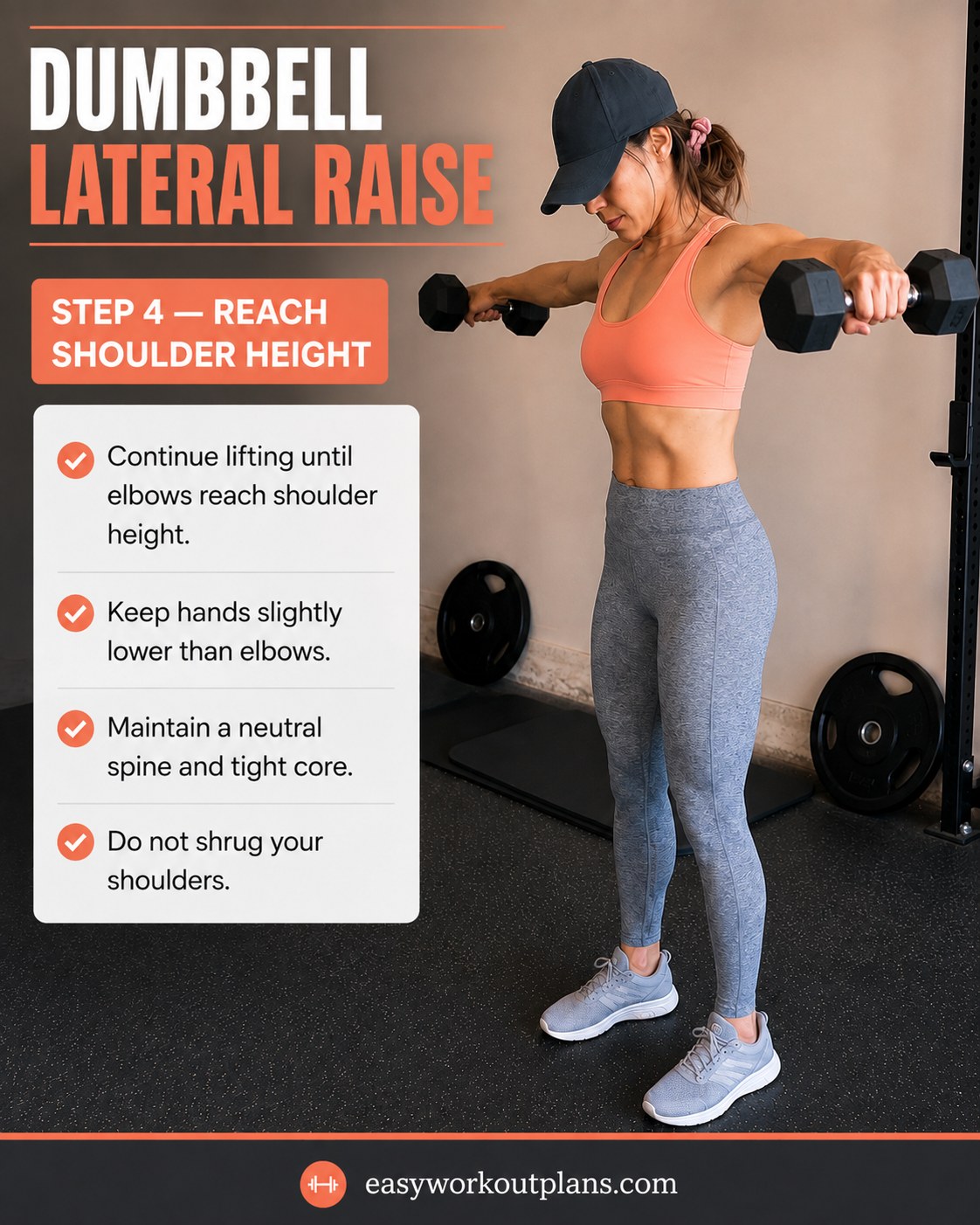 Raising elbows to shoulder height during the dumbbell lateral raise arm workout step