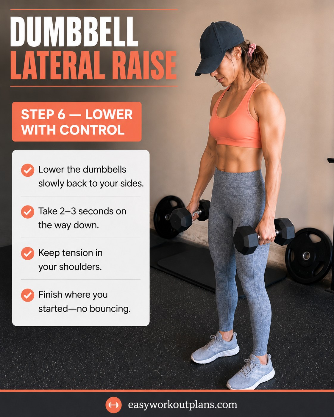 Lowering the dumbbells slowly with control to finish a dumbbell arm workout rep