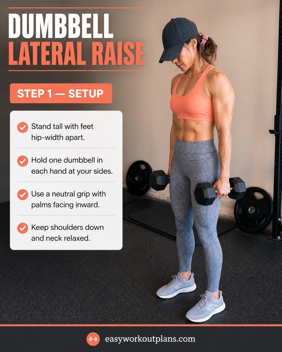 Standing setup for a dumbbell arm workout lateral raise with feet hip-width and neutral grip