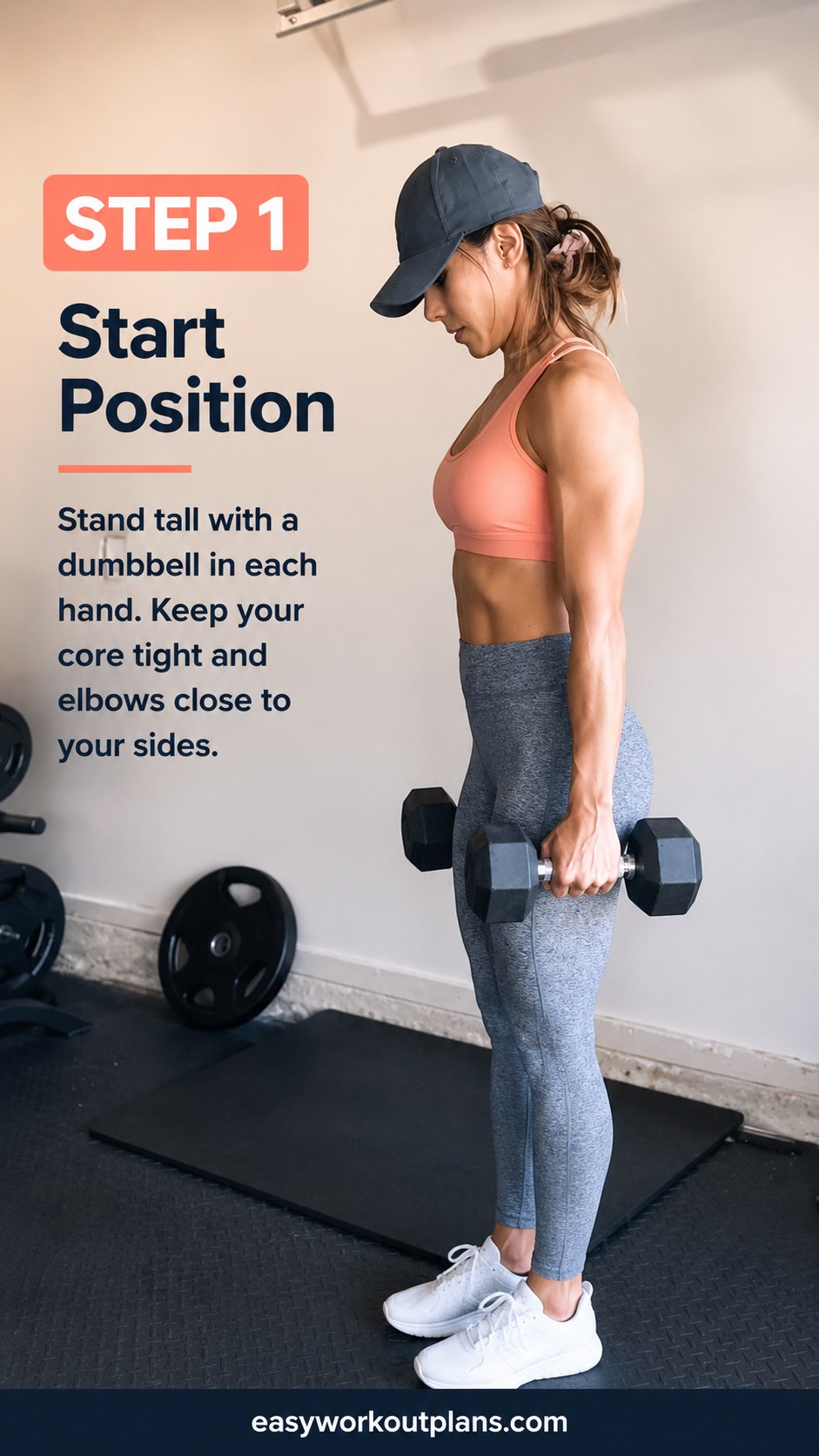 A woman stands tall holding dumbbells at her sides to begin this dumbbell arm workout combo move.