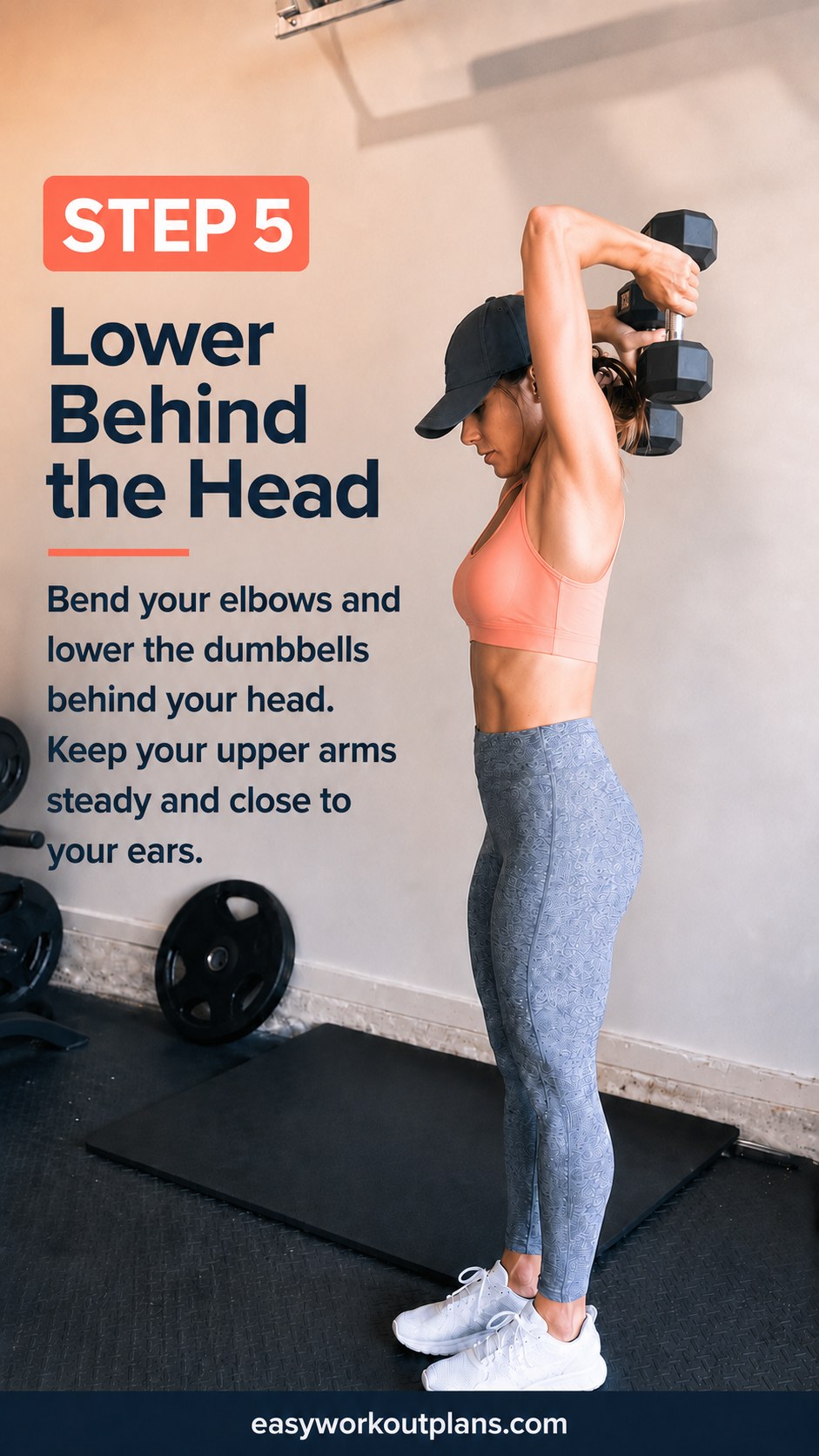Lowering dumbbells behind the head with steady elbows during the triceps phase of the workout.