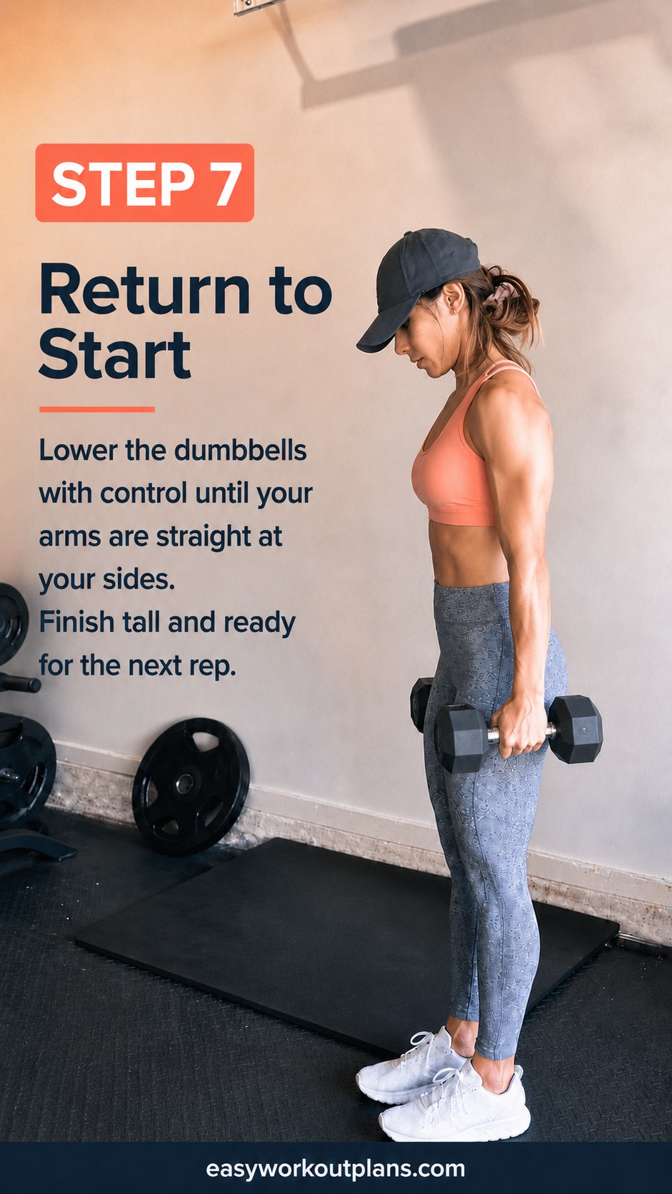 Lowering the dumbbells with control back to the starting position of the arm workout combo.