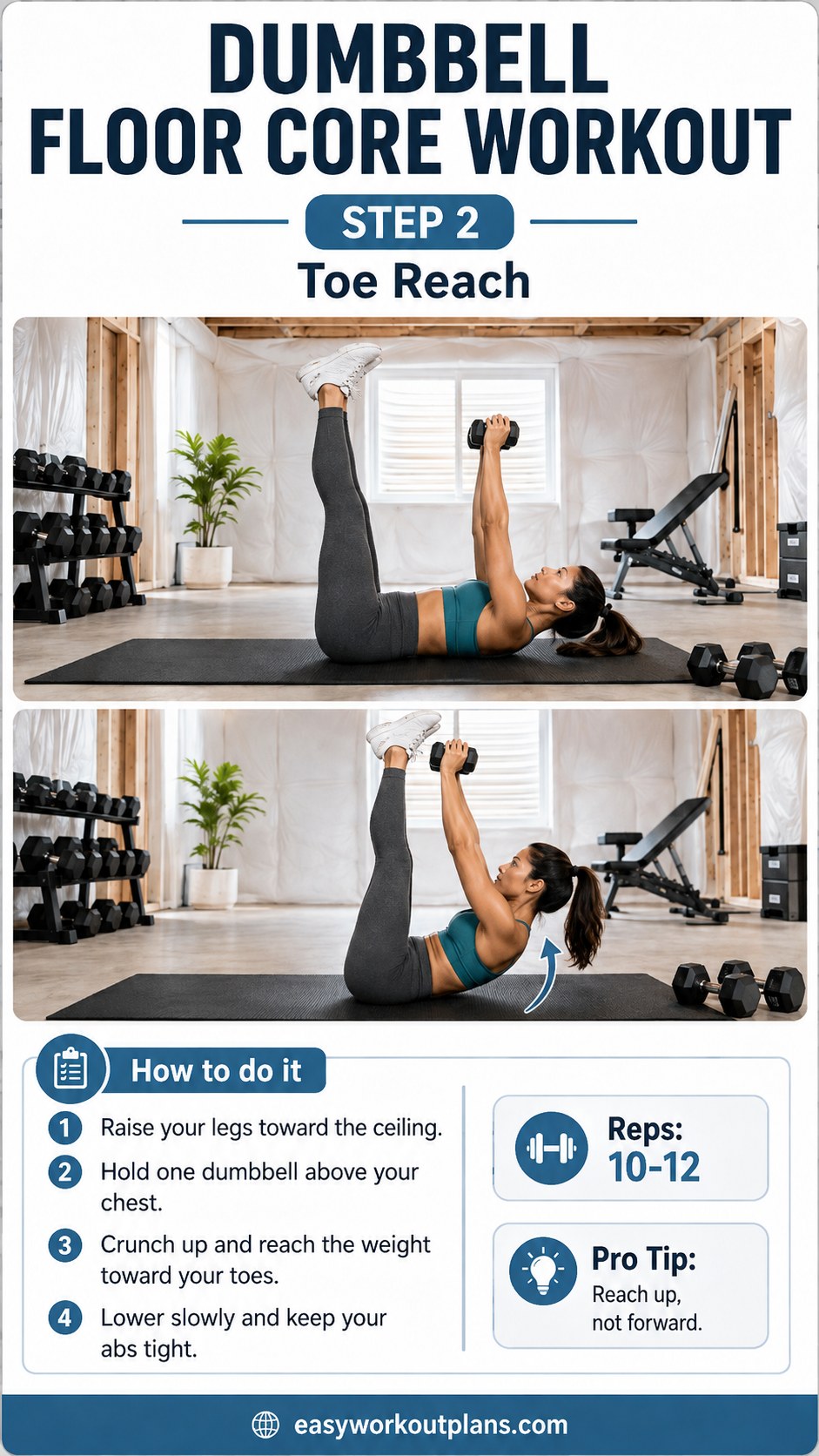 Toe reach exercise with a dumbbell held overhead during a dumbbell floor core workout for upper abs