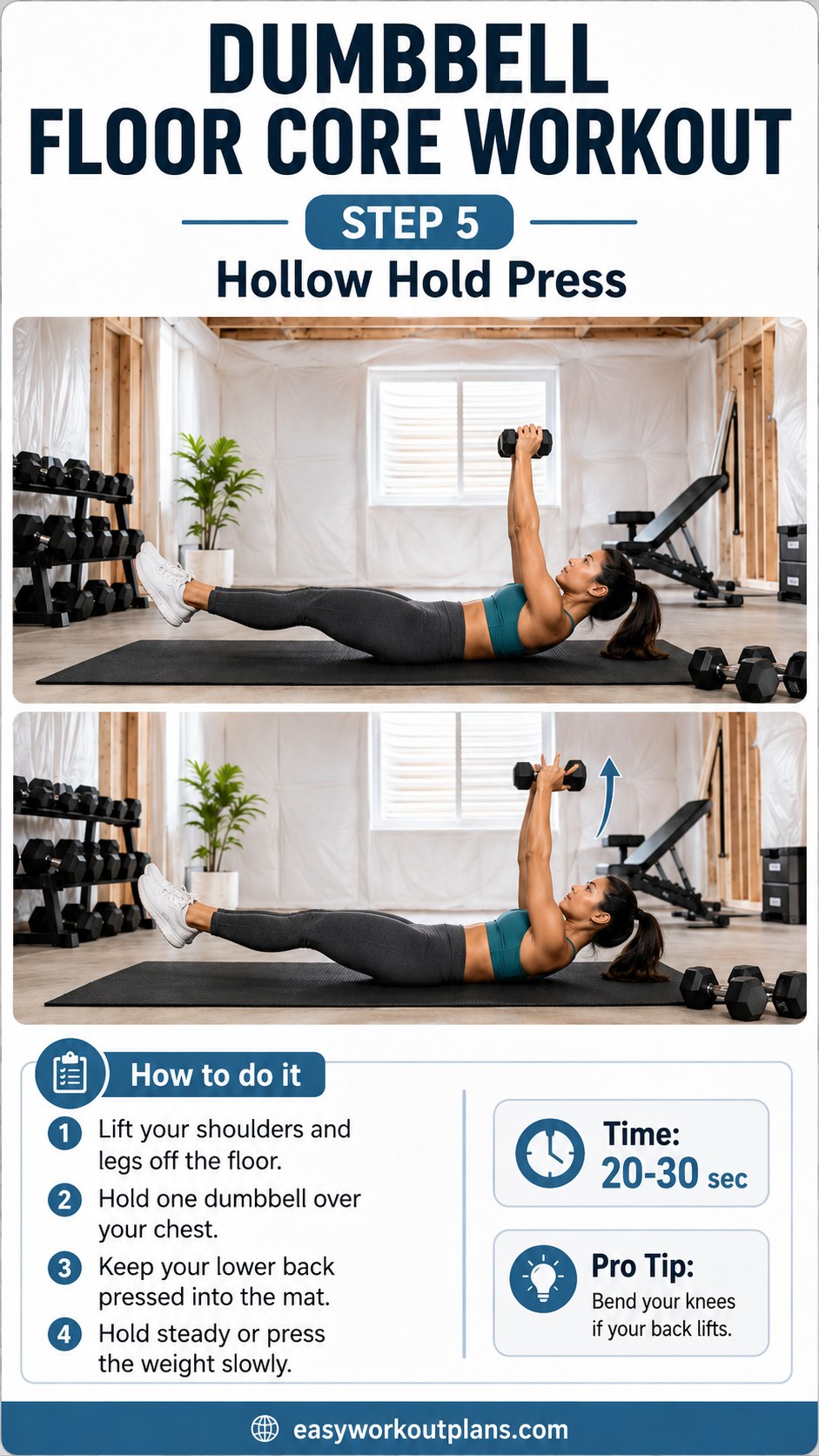 Hollow hold press position with dumbbell overhead, an isometric step in a dumbbell floor core workout
