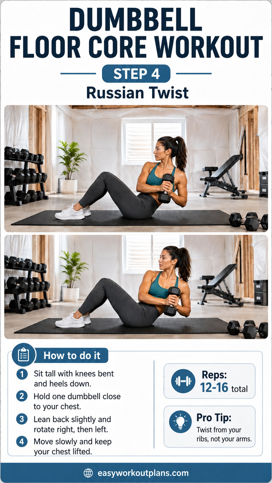 Seated Russian twist with a dumbbell held close to the chest during a dumbbell floor core workout
